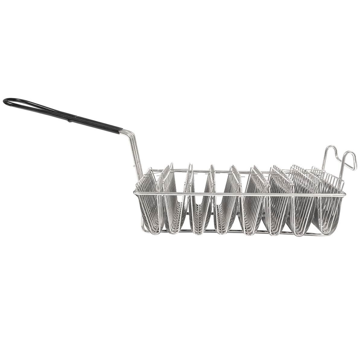 Side view of Winco TB-8 taco fryer basket with long handle