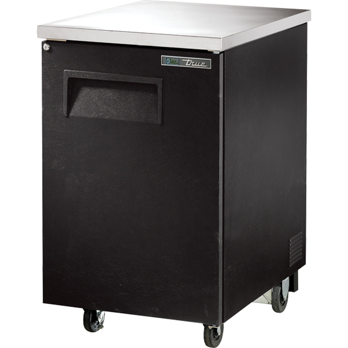 True TBB-1-HC single solid door back bar cooler in black with stainless steel top and casters
