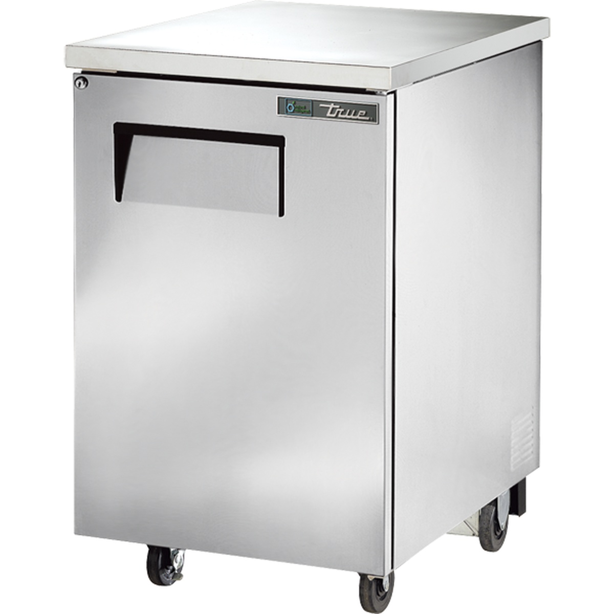True TBB-1-S-HC stainless steel single solid swinging door back bar cooler on casters