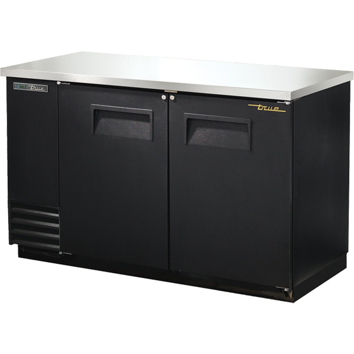 True Manufacturing TBB-2-HC two-door black back bar cooler with stainless steel top and recessed door handles