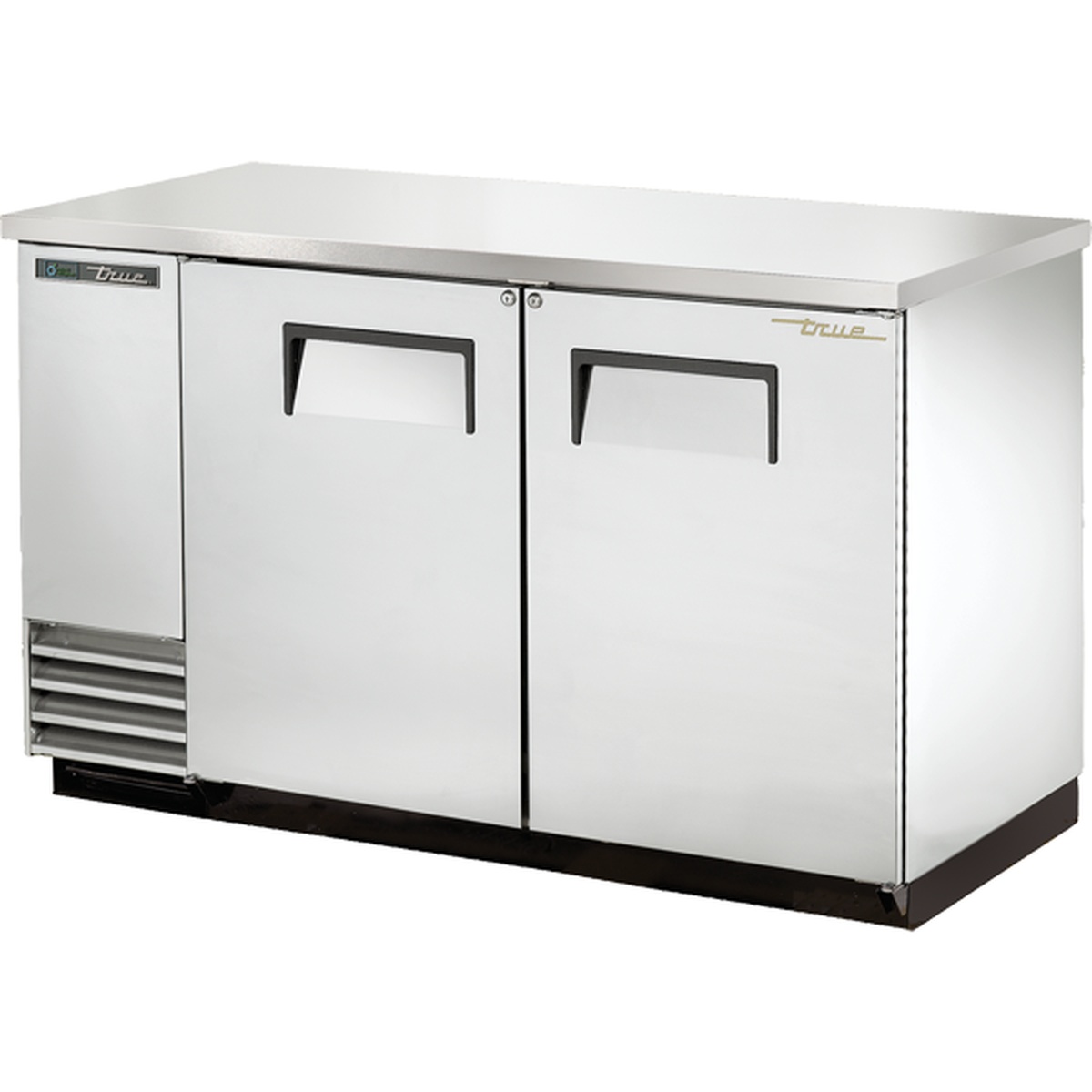 True TBB-2-S-HC two-section stainless steel back bar cooler with two solid swing doors and black recessed handles