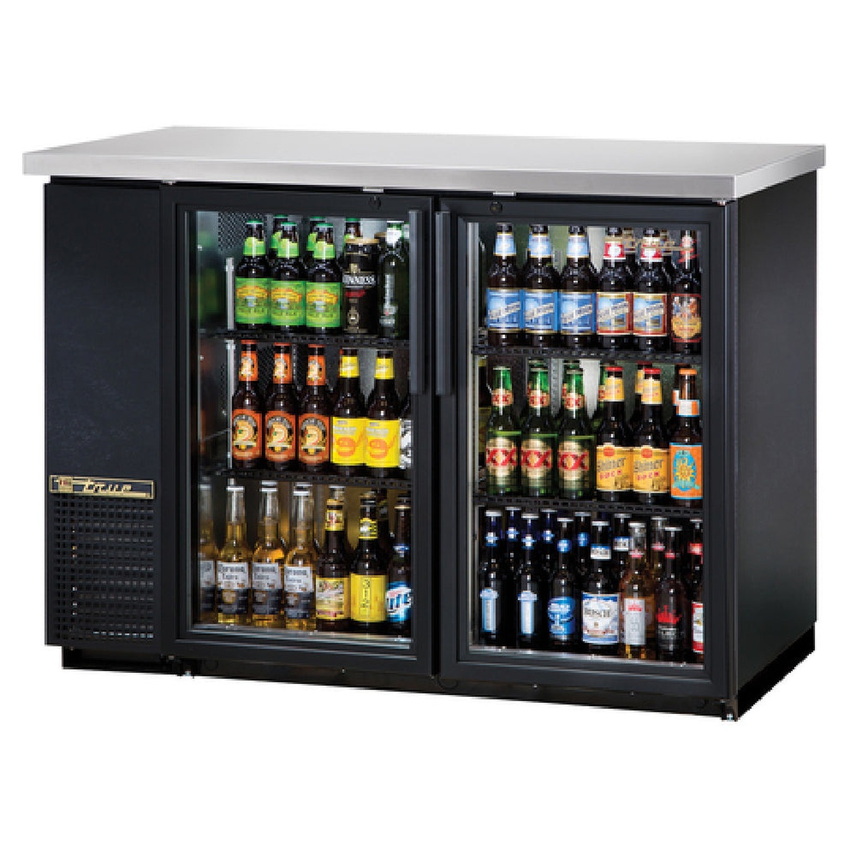 True TBB-24-48G-HC-LD two-section back bar refrigerator with black exterior, stainless steel top, and glass swing doors stocked with assorted bottled beverages