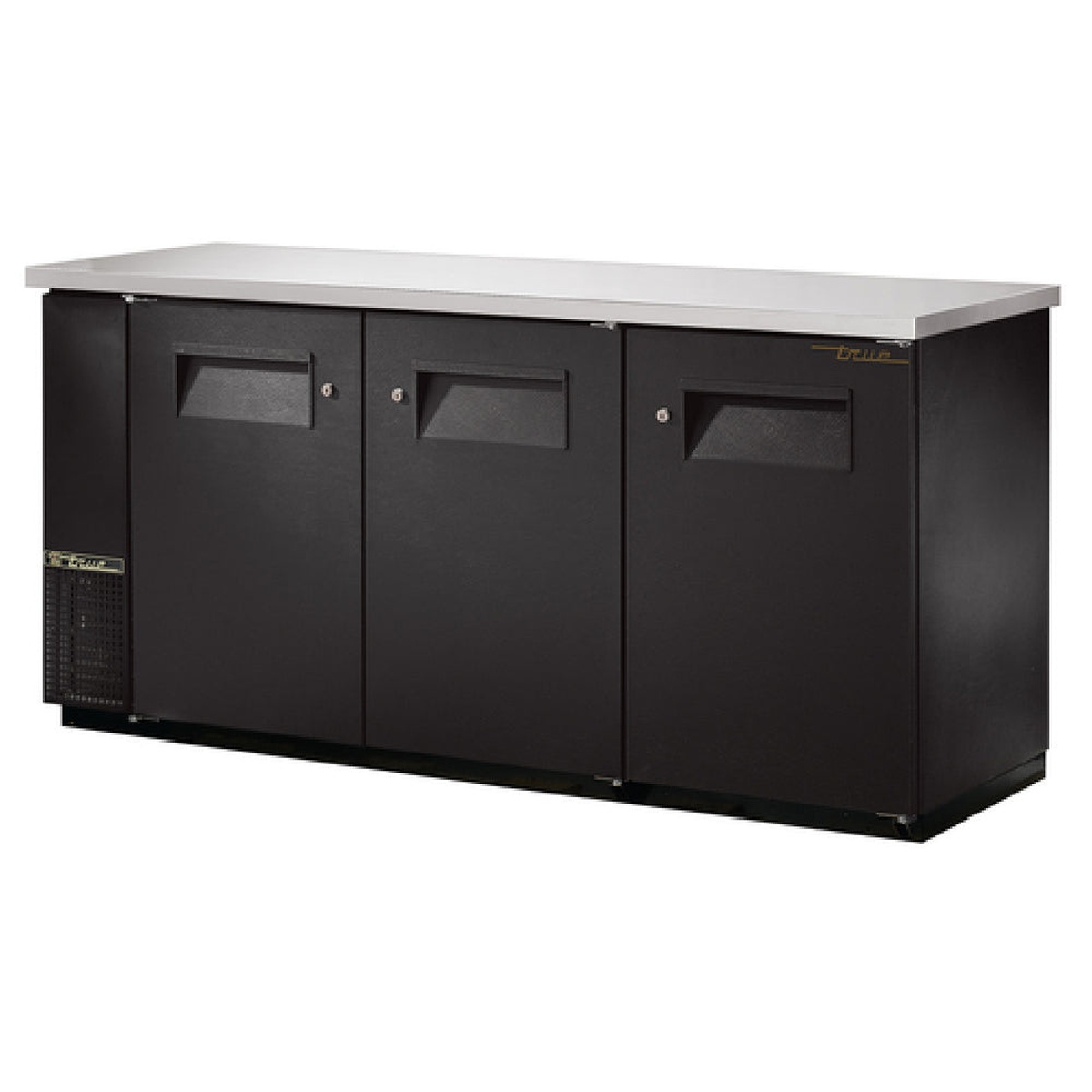 True TBB-24-72-HC three-section back bar cooler with black vinyl exterior, stainless steel countertop, and three solid swing doors with locks