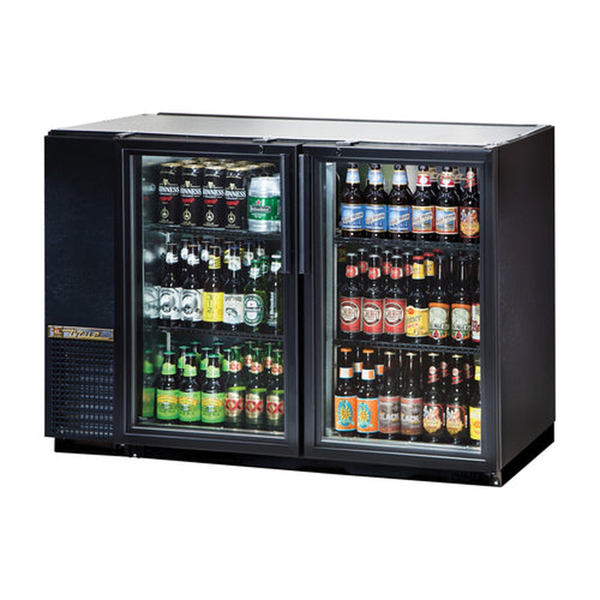 True TBB-24GAL-48G-HC-LD two-door black back bar refrigerator stocked with beverages on wire shelves