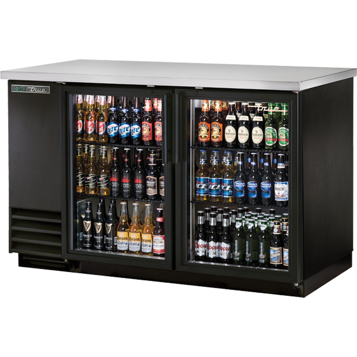 True TBB-2G-HC-LD two-section back bar cooler with black exterior, stainless steel countertop, and two swing glass doors stocked with beverage bottles