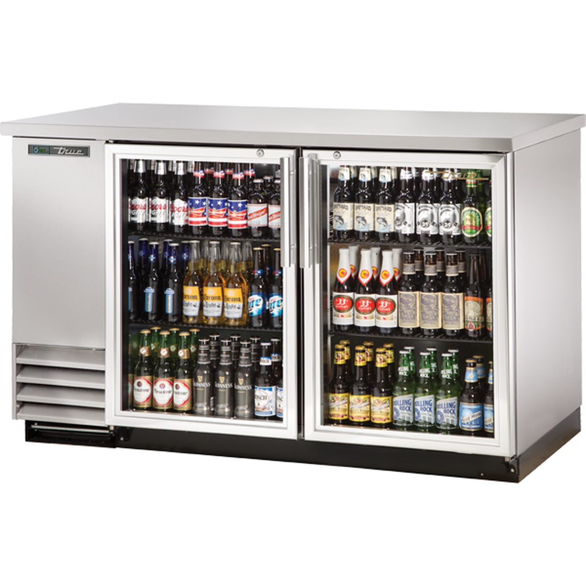 True TBB-2G-S-HC-LD stainless steel back bar refrigerator with two swing glass doors stocked with assorted beer bottles