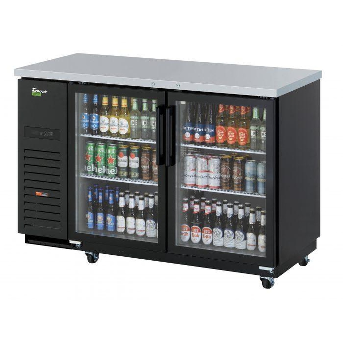 Turbo Air TBB-2SG-N two-section back bar cooler with double-pane glass doors, stainless steel top, and black exterior on casters