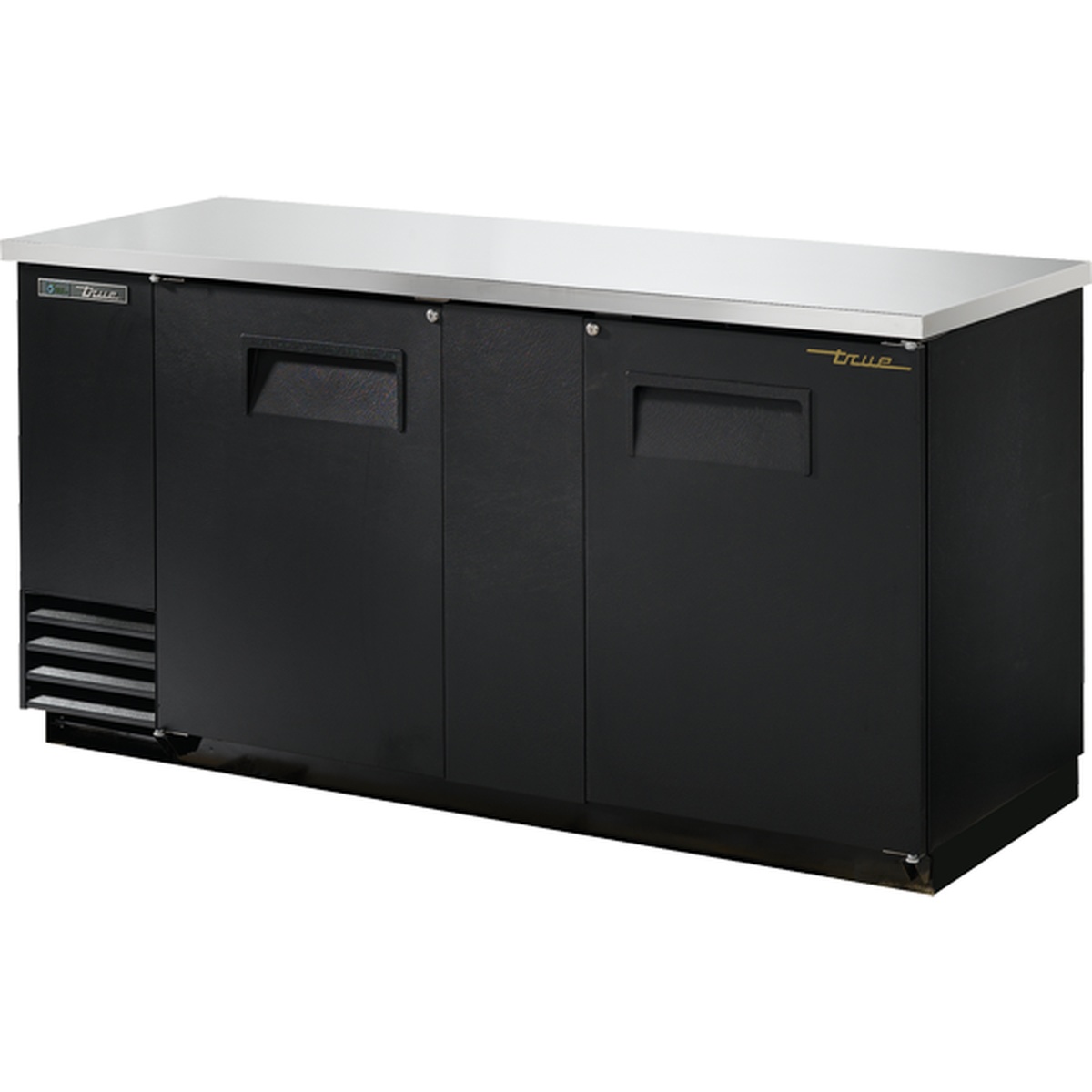 True TBB-3-HC 2-section solid-door back bar cooler with black powder-coated exterior and stainless steel top