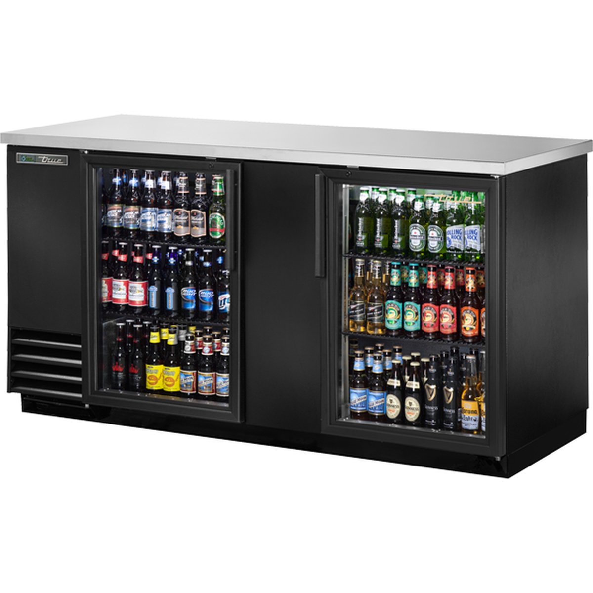 True TBB-3G-HC-LD 69-inch two-section back bar cooler with black exterior, stainless steel top, and two swinging glass doors stocked with assorted beverage bottles