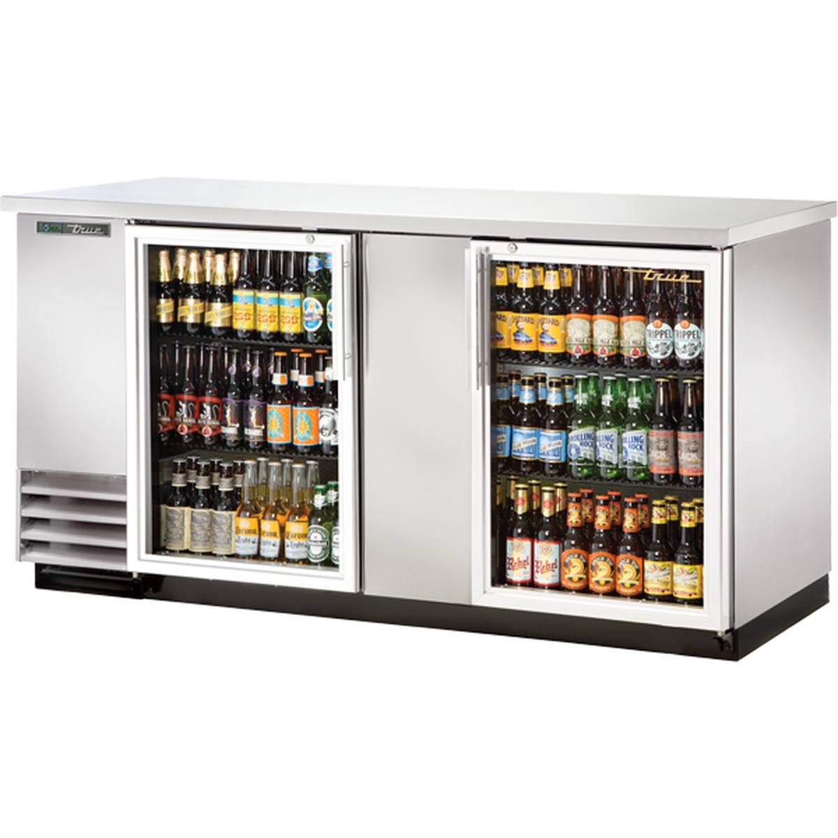 True TBB-3G-S-HC-LD two-section stainless steel back bar cooler with two glass swing doors stocked with bottled beverages