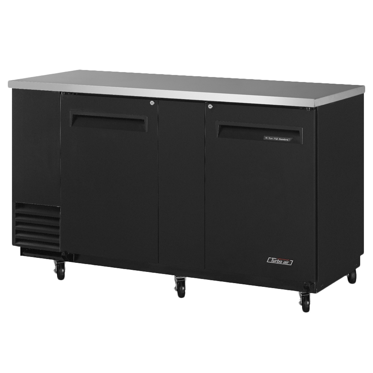 Turbo Air TBB-3SB-N6 69-inch two-section back bar cooler with black laminated exterior, stainless steel countertop, two solid locking doors, and four swivel casters