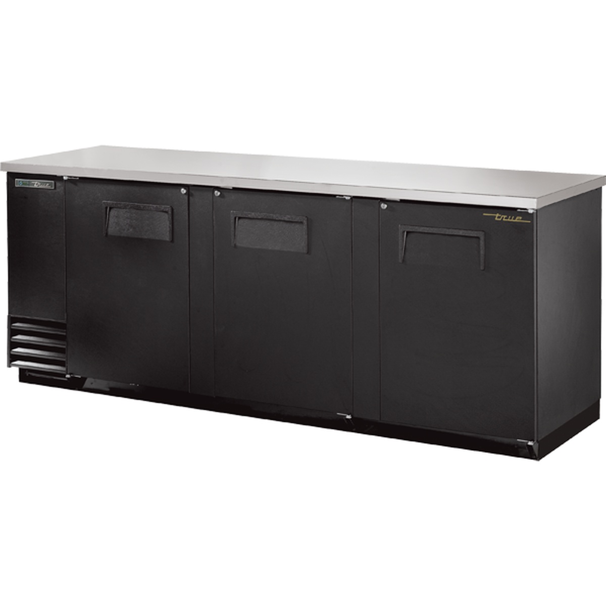 True Manufacturing TBB-4-HC three-section back bar cooler with black powder-coated exterior and stainless steel top