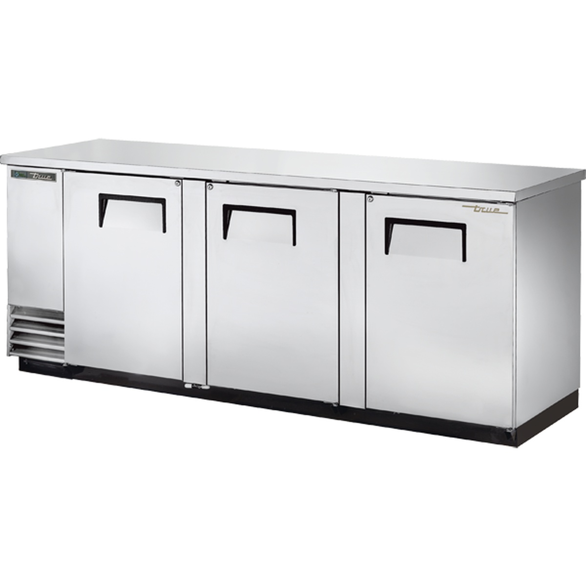 True TBB-4-S-HC three-section stainless steel back bar cooler with three solid swing doors and recessed black handles