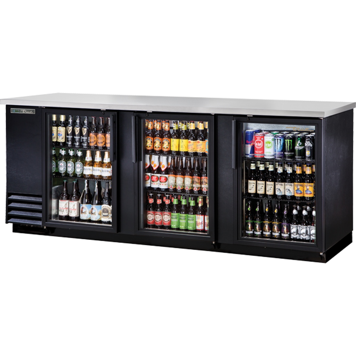 True TBB-4G-HC-LD 3-door black back bar cooler stocked with assorted beer bottles and cans, stainless steel countertop