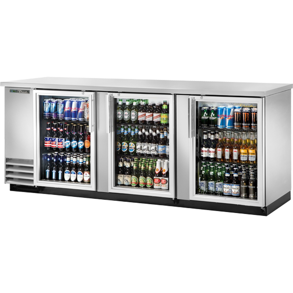 True TBB-4G-S-HC-LD stainless steel back bar cooler with three glass swing doors stocked with cans and bottles