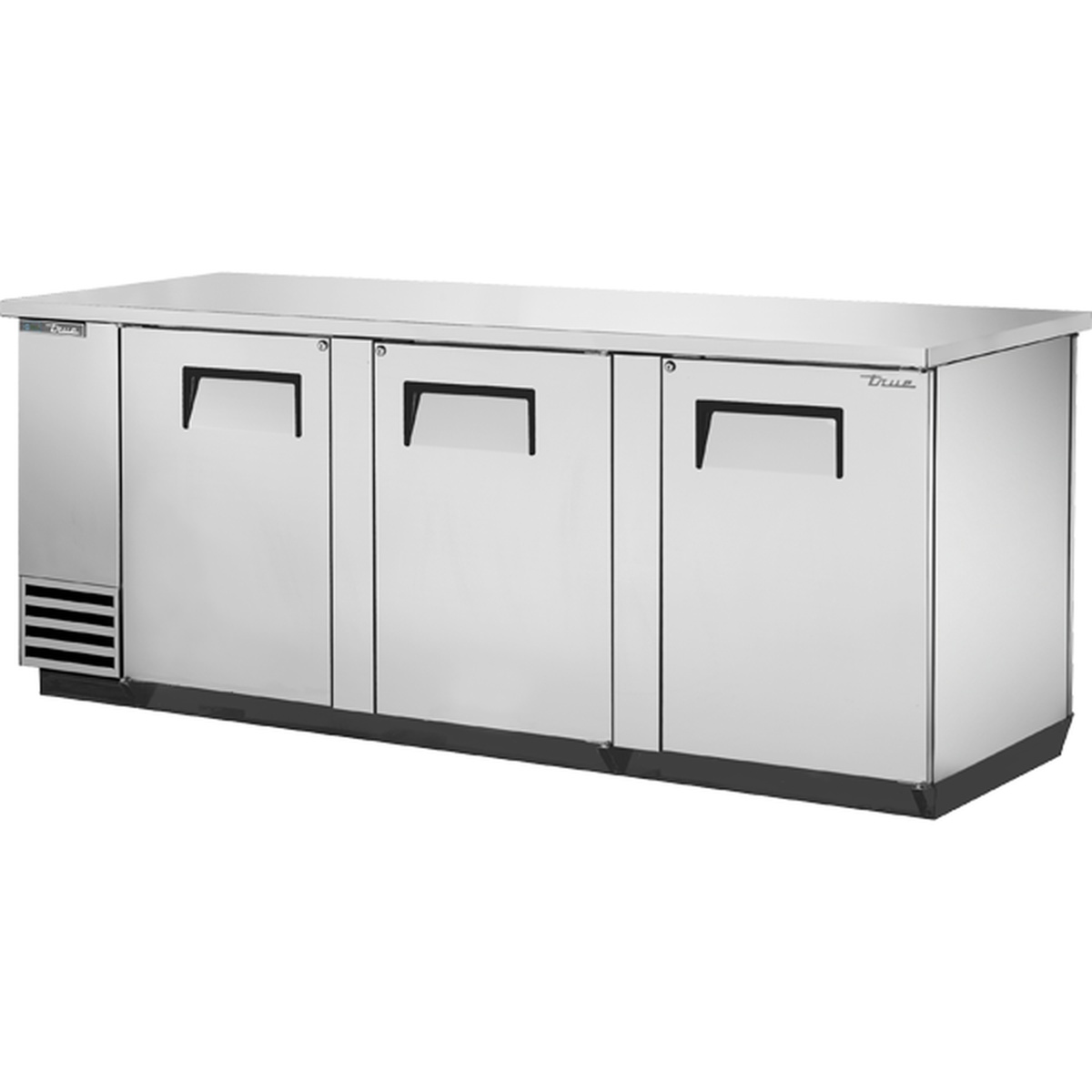 True TBB-4PT-S-HC stainless steel pass-thru back bar cooler with three solid swing doors and recessed handles