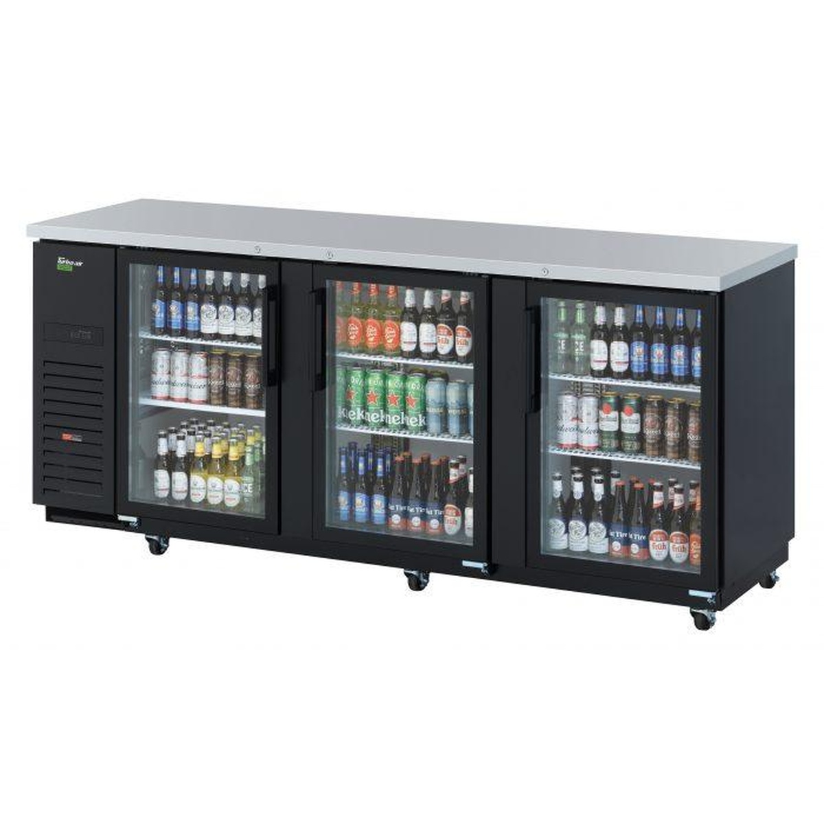Turbo Air TBB-4SG-N three-section back bar cooler with three glass doors, stainless steel top, black exterior, and adjustable wire shelves stocked with bottles and cans