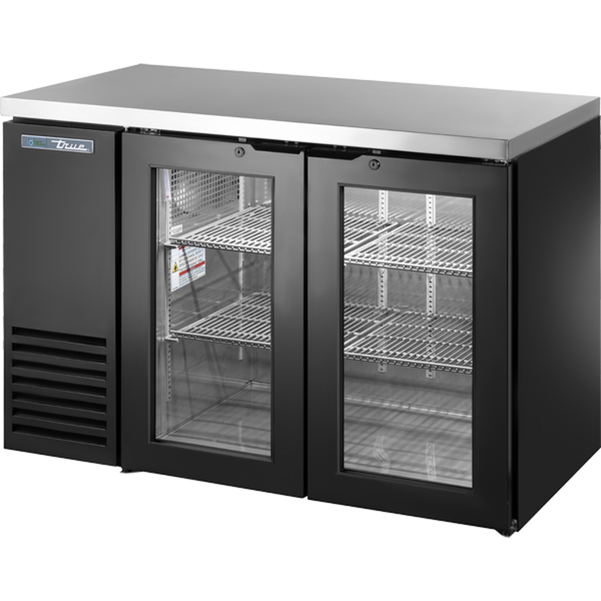 True TBB24-48-2G-Z1-SFT-B-1 two-section back bar cooler with black exterior, stainless steel top, and two glass swing doors revealing wire shelving inside