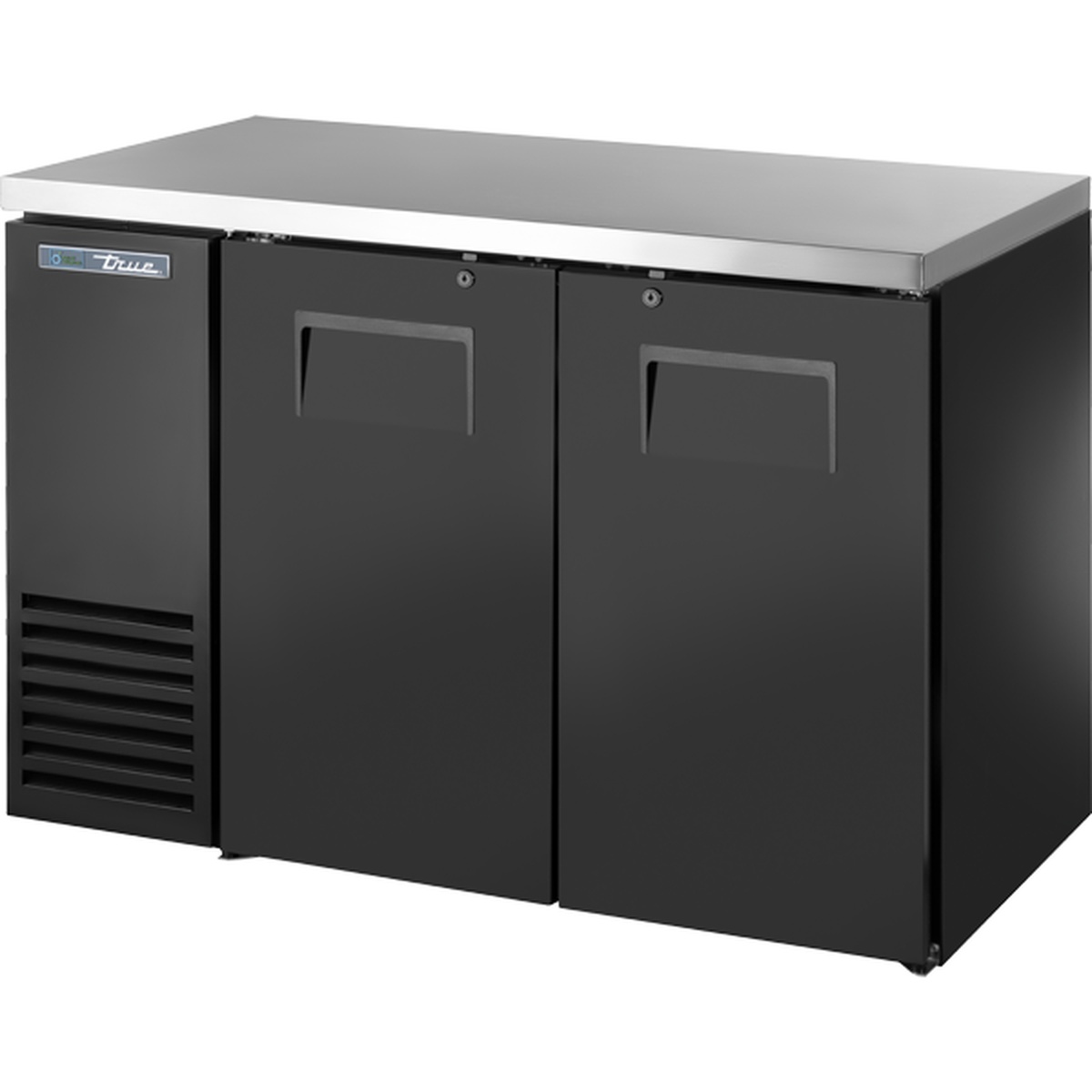 True TBB24-48-2S-Z1-SFT-B-1 two-door black back bar cooler with stainless steel top and recessed handles