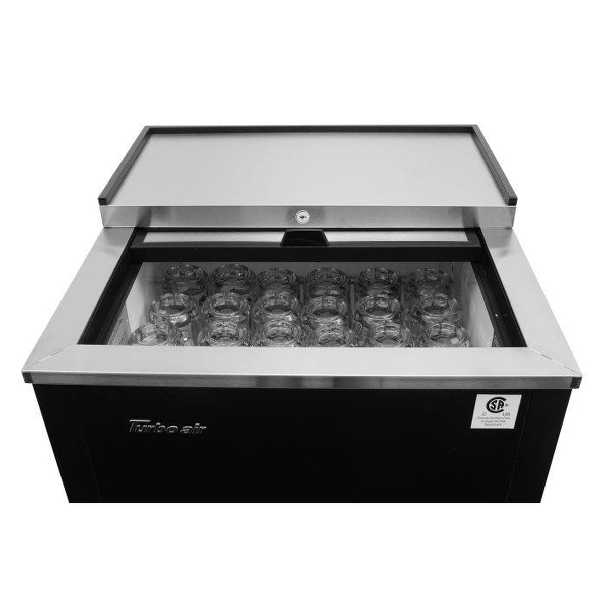 Close-up of stainless steel top and sliding lid on Turbo Air glass froster