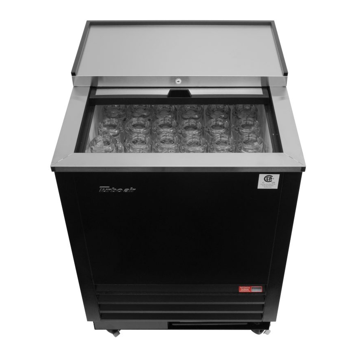 Top opening view of Turbo Air glass froster showing storage area with glasses