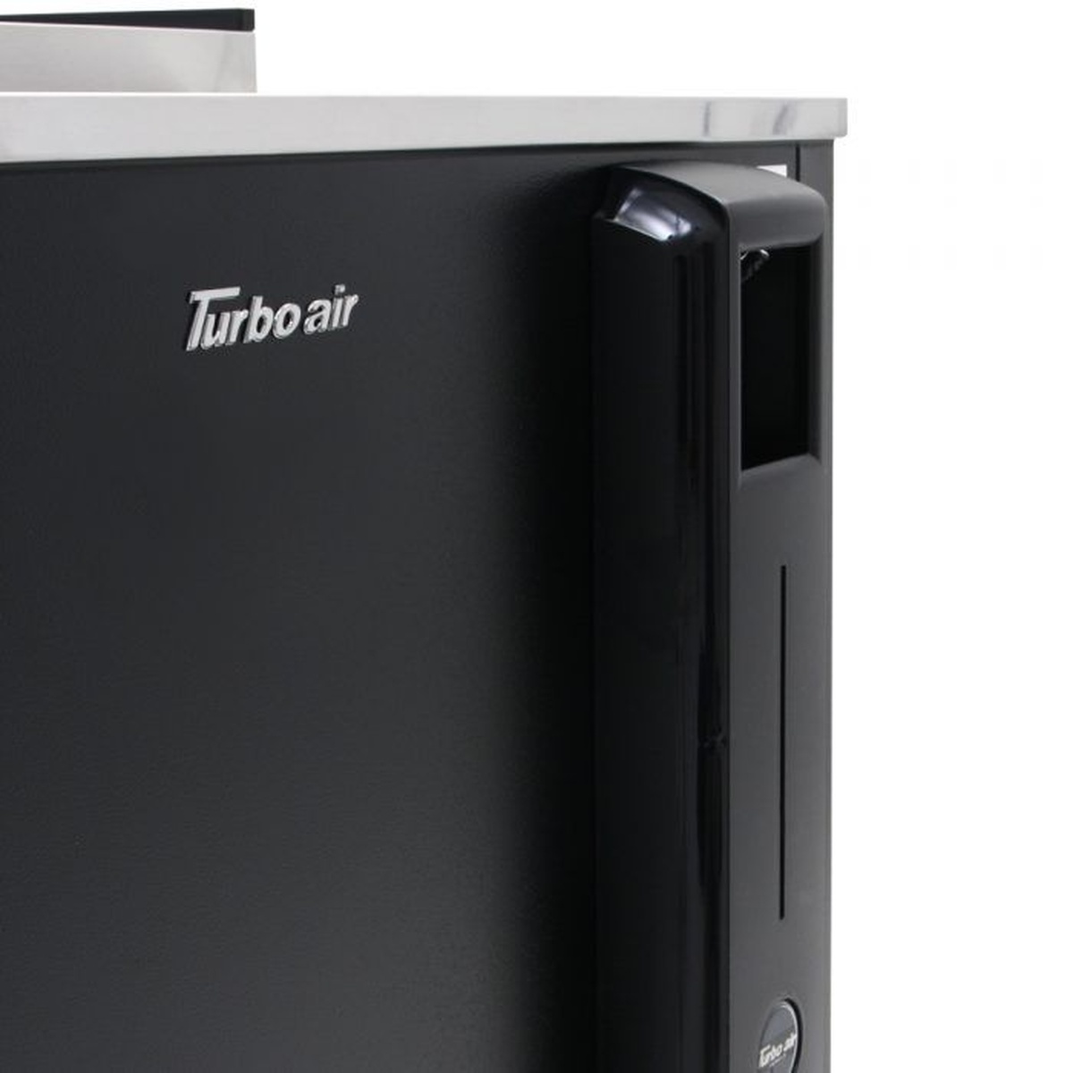 Close-up of Turbo Air logo and built-in bottle opener on the front