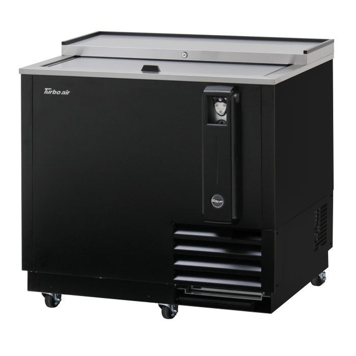Turbo Air TBC-36SB-N6 black bottle cooler with stainless sliding lid and countertop
