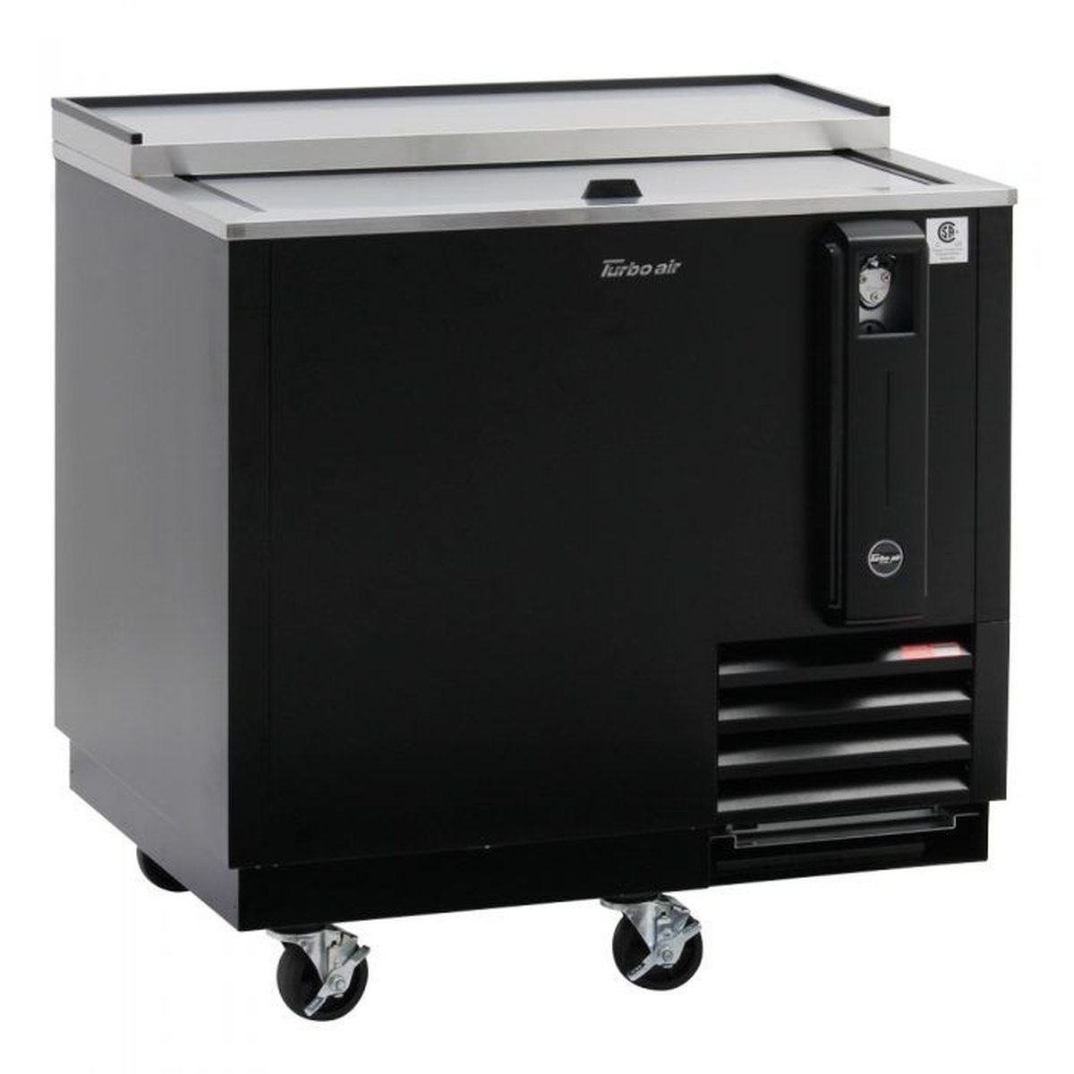 Angled view of Turbo Air TBC-36SB-N6 bottle cooler showing sliding lid and side mount compressor area