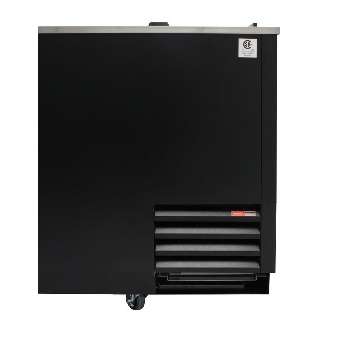 Side view of glass froster showing ventilation grille and caster