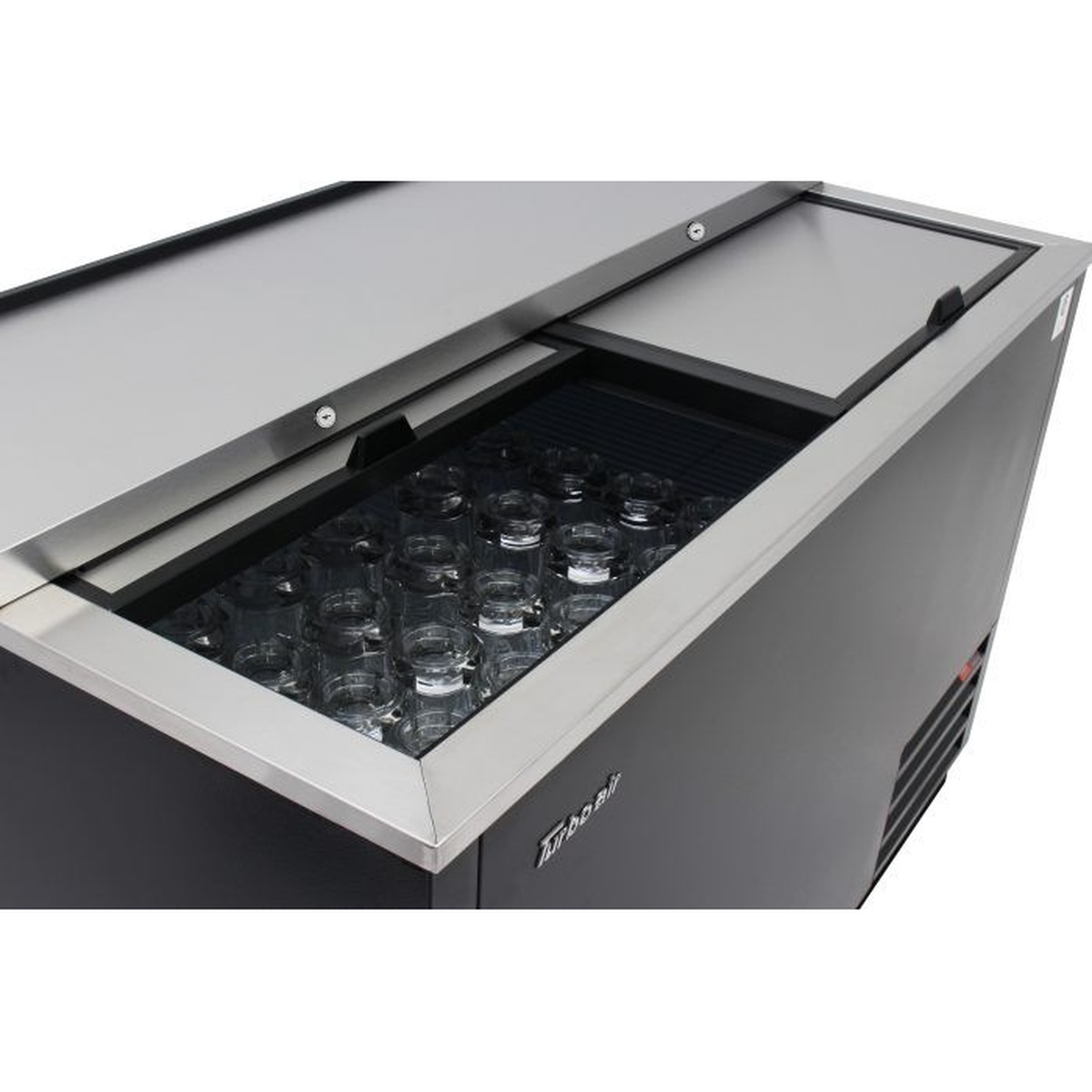 Angled top view showing sliding lid opening and glass storage area