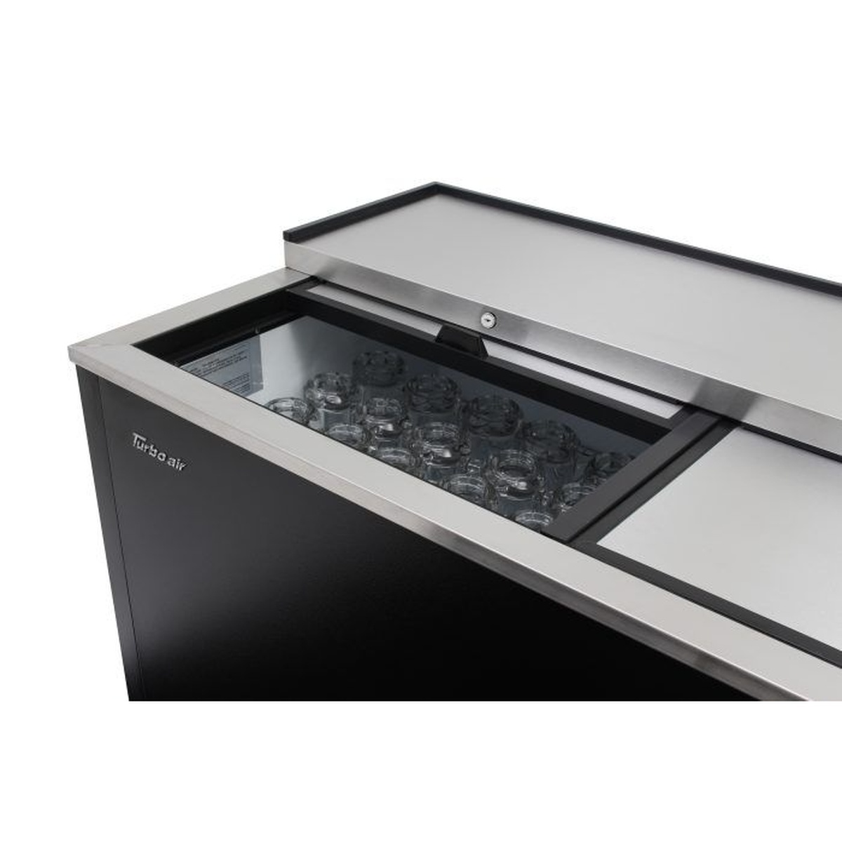 Top opening view of glass froster with mugs inside