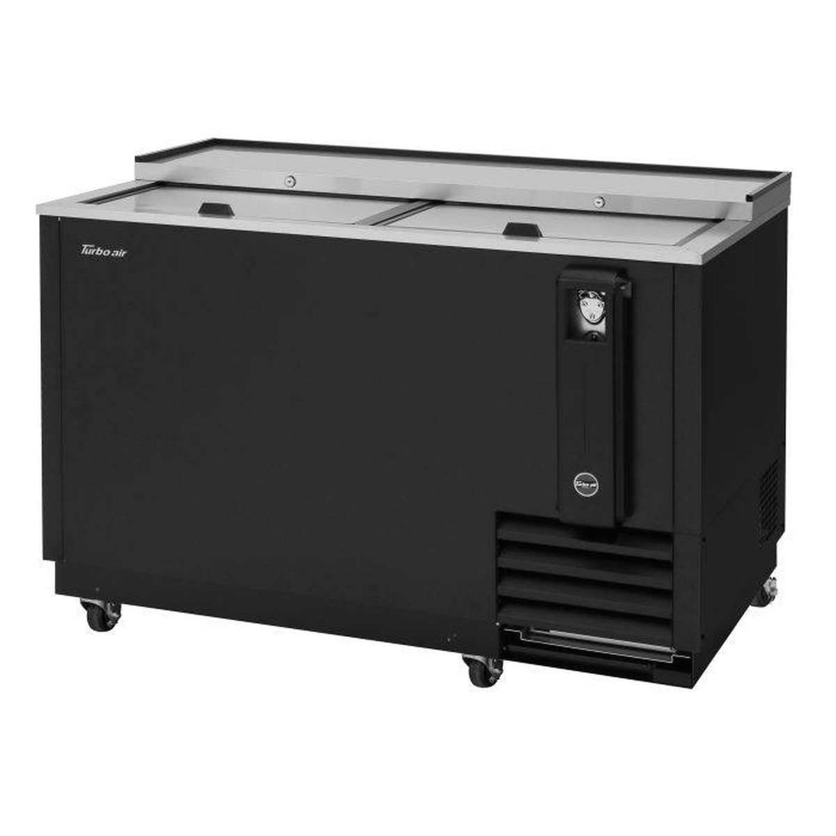 Turbo Air TBC-50SB-N6 50-inch black bottle cooler with stainless steel sliding lids and built-in bottle opener, angled view