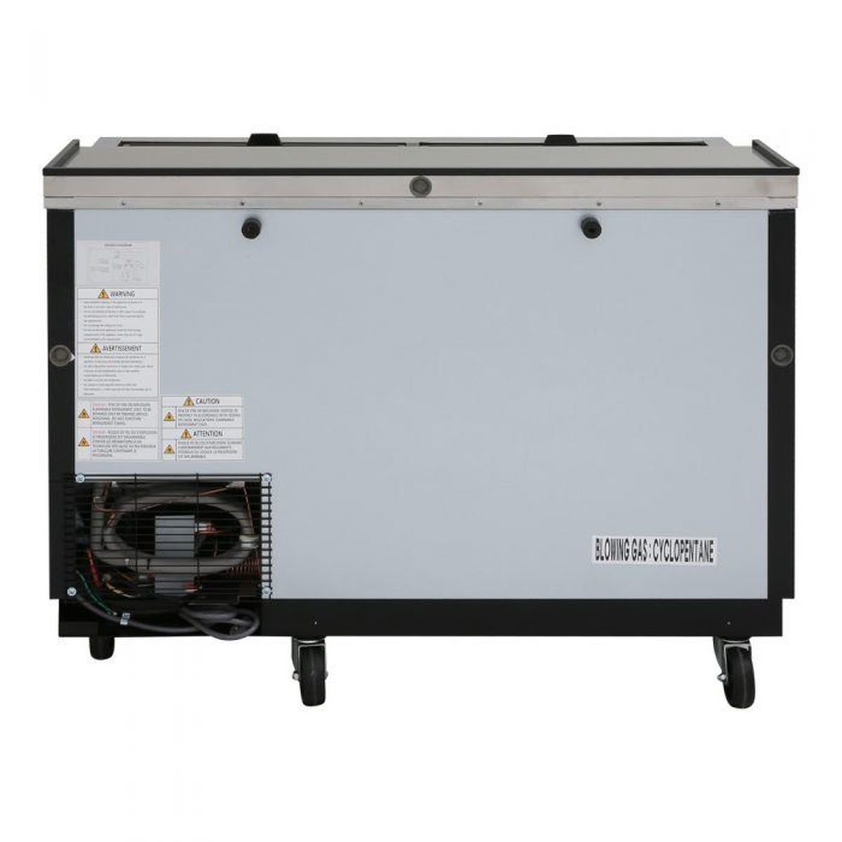 Rear view of Turbo Air TBC-50SB-N6 bottle cooler showing self-contained refrigeration compressor and wiring