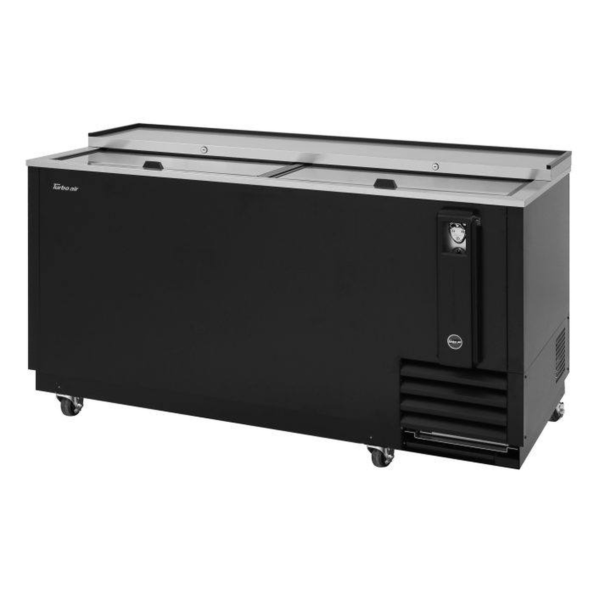 Turbo Air TBC-65SB-N6 black vinyl bottle cooler angled front view showing dual sliding lids and casters