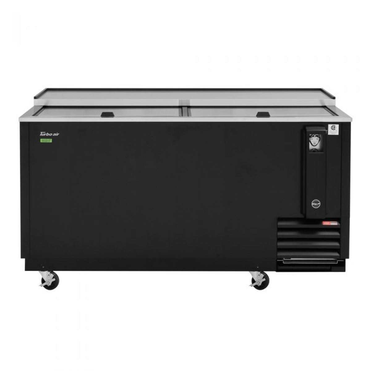 Turbo Air TBC-65SB-N6 black bottle cooler straight-on front view displaying side-mounted compressor and cap opener