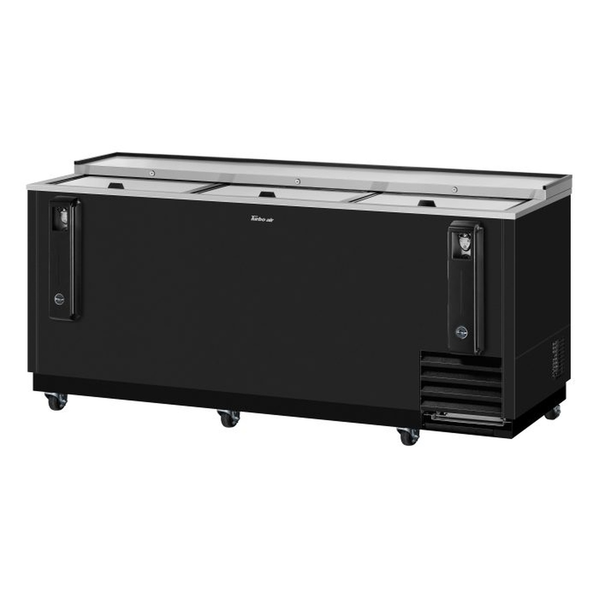Front angle view of Turbo Air TBC-80SB-N black bottle cooler with sliding lids and casters