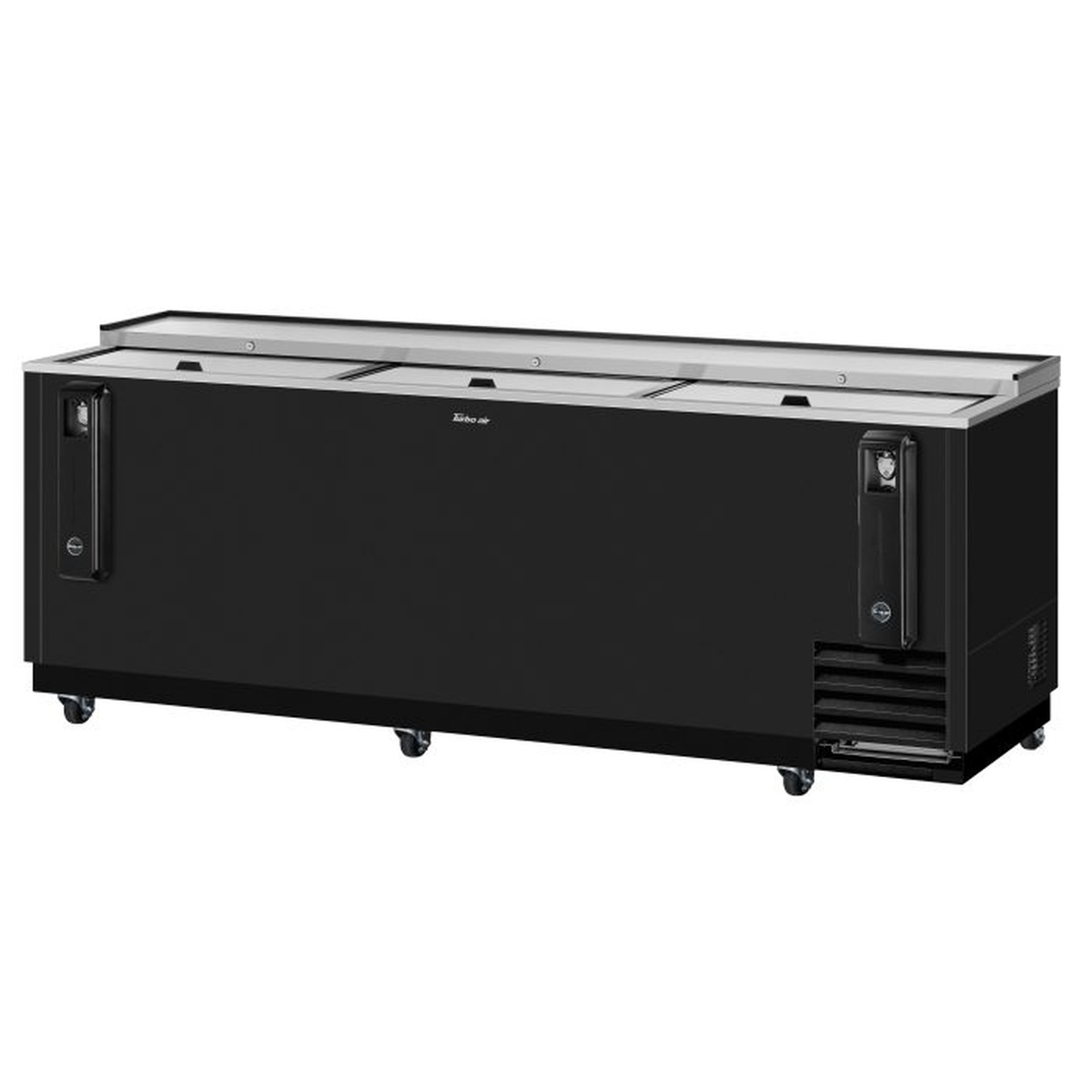 Front view of Turbo Air TBC-95SB-N black bottle cooler with stainless sliding lids