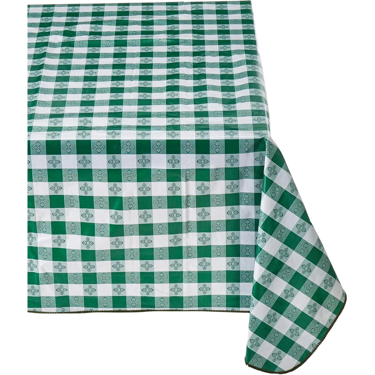 Winco TBCO-70G green and white checkered PVC tablecloth with cotton lining laid flat over a table corner