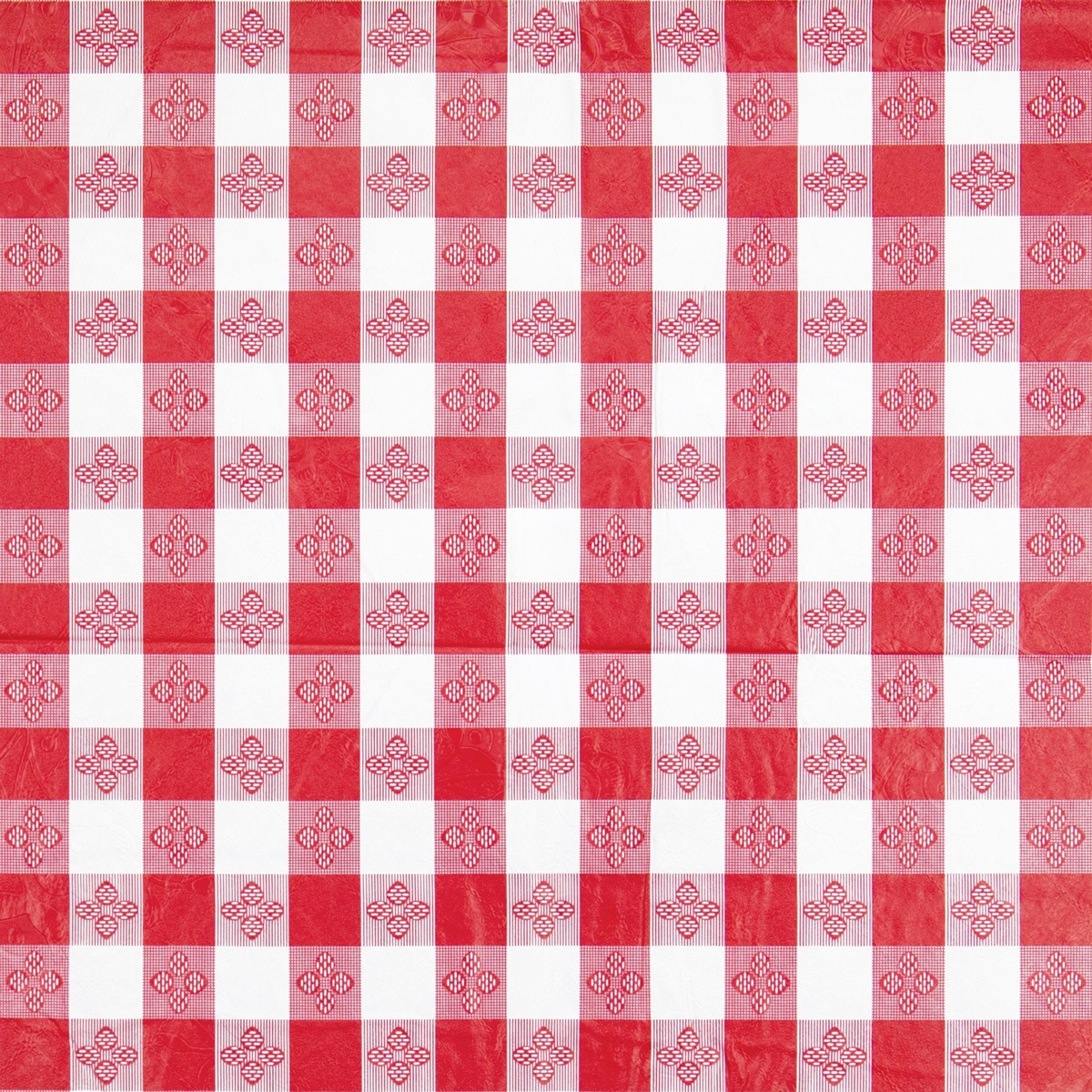 Close-up of red and white checkered PVC tablecloth pattern with decorative floral motif