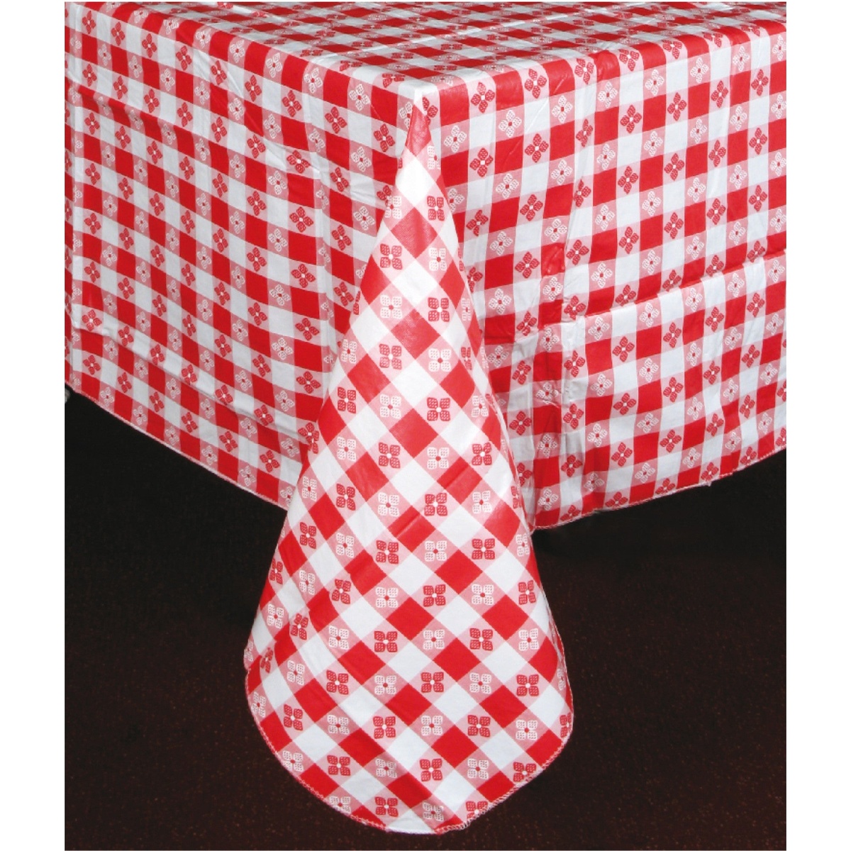 Red and white checkered tablecloth draped over a table corner showing drape and coverage
