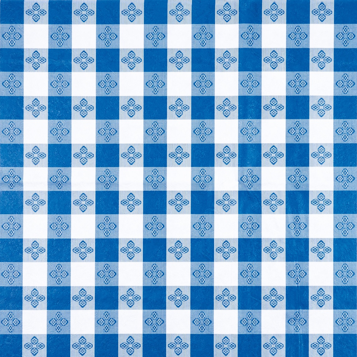 Close-up of the Winco TBCS-52B blue and white checkered vinyl tablecloth pattern with decorative floral motifs