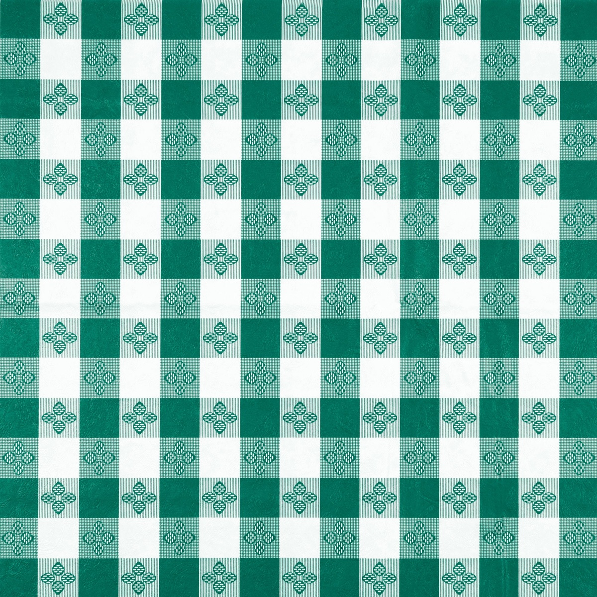 Close-up of Winco TBCS-52G green and white checkerboard vinyl tablecloth pattern with decorative floral motifs