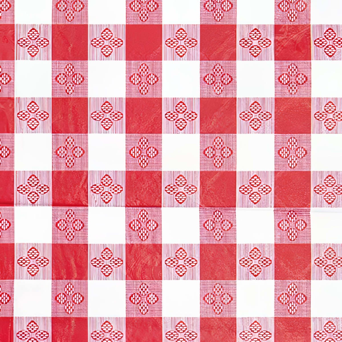 Winco TBCS-52R red and white checkerboard pattern PVC tablecloth close-up