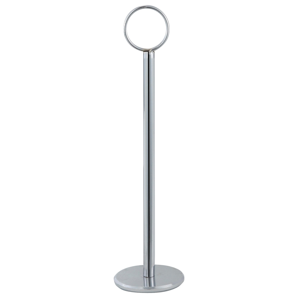 Winco TBH-8 chrome table number holder with circular ring top and round weighted base on white background