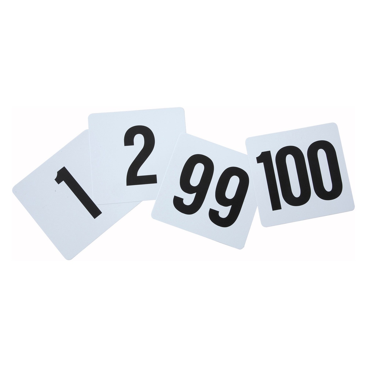 Winco TBN-100 white plastic table number cards fanned out showing numbers 1, 2, 99, and 100 with bold black print