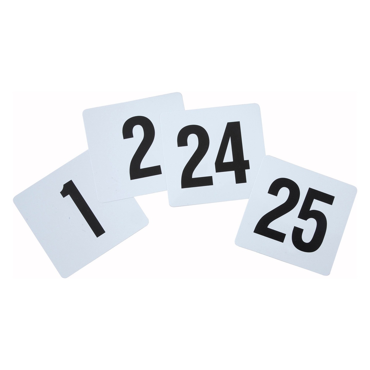 Winco TBN-25 plastic table number cards showing numbers 1, 2, 24, and 25 fanned out on a white background