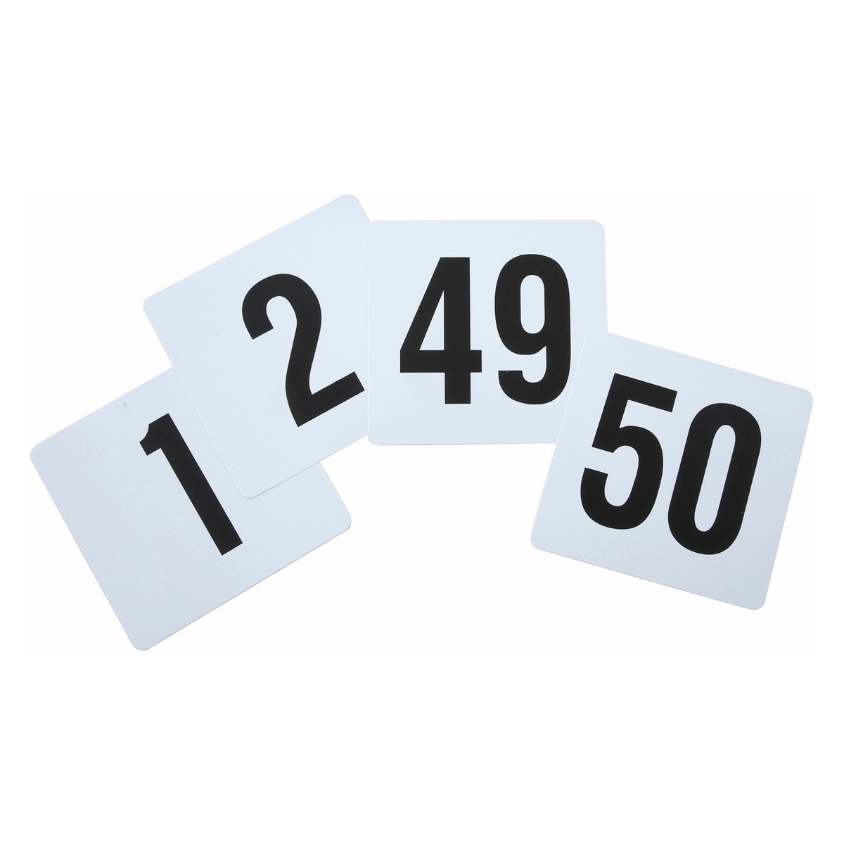 Winco TBN-50 white plastic table number cards showing numbers 1, 2, 49, and 50 fanned out