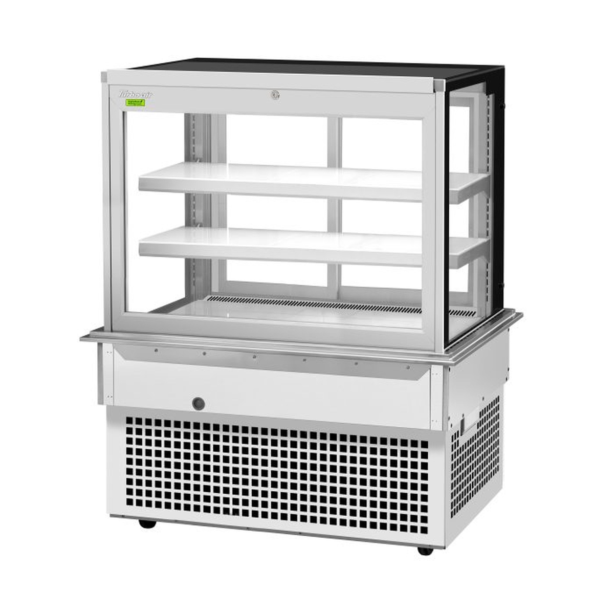 Turbo Air TBP48-54FDN drop-in refrigerated bakery display case with straight tempered glass front and sides, two adjustable glass shelves, stainless steel floor, and ventilated base