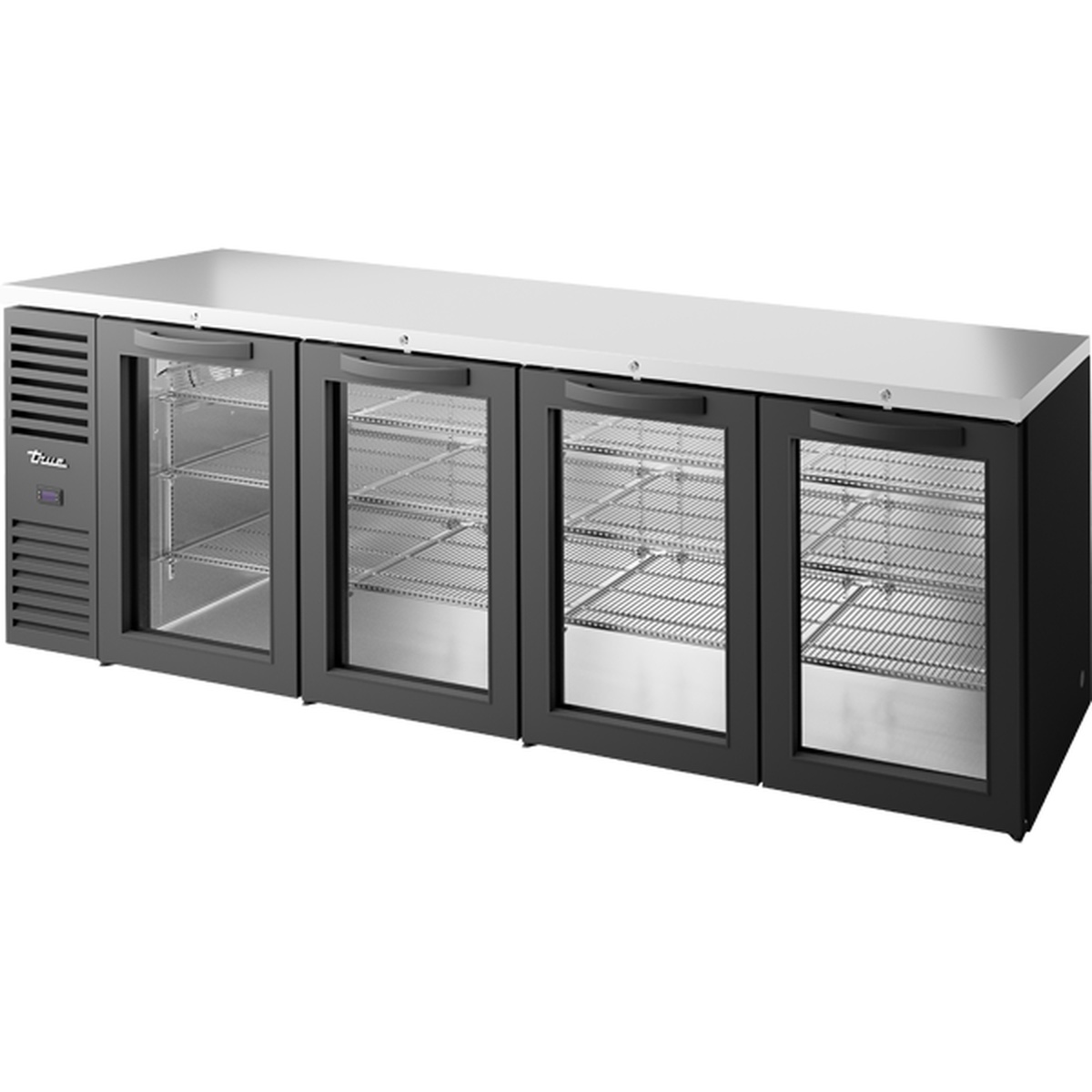 True TBR108-RISZ1-L-B-GGGG-1 108-inch black back bar refrigerator with four swinging glass doors and stainless steel countertop