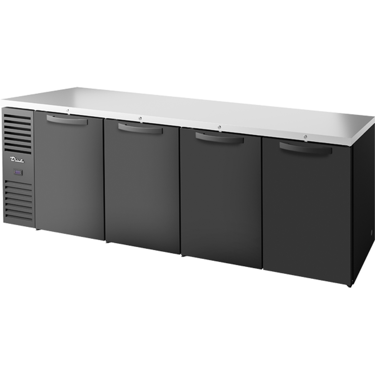 True TBR108-RISZ1-L-B-SSSS-1 108-inch black solid door back bar refrigerator with stainless steel countertop and four swing doors